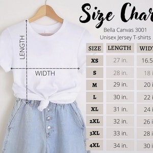 Pode incluir: Tabela de tamanhos para camisetas de jersey unissex Bella Canvas 3001. A tabela mostra os tamanhos XS a 4XL com as medidas de comprimento e largura correspondentes em polegadas.