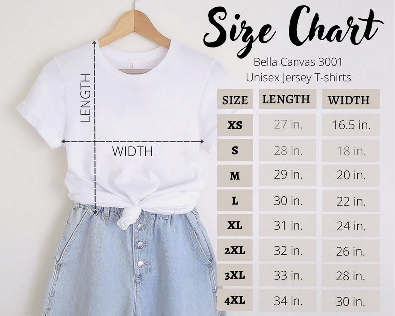Pode incluir: Tabela de tamanhos para camisetas de jersey unissex Bella Canvas 3001. A tabela mostra os tamanhos XS a 4XL com as medidas de comprimento e largura correspondentes em polegadas.