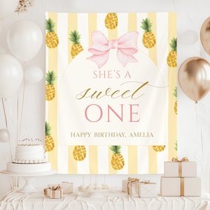 Pineapple 1st Birthday Party Banner: Sweet to Be One Photo Backdrop Citrus Fruit First Birthday Sign Coquette Party Decor