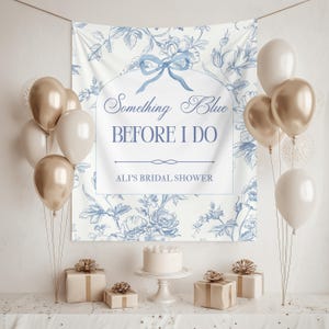 Banner de despedida de soltera "Algo azul antes de hacer" con fondo de fotos personalizado para despedida de soltera en azul polvoriento, letreros de toile azul para despedida de soltera. imagen 3
