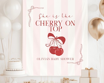 She's the Cherry on Top Baby Shower Banner Cherry Coquette Theme Baby Sprinkle Shower Welcome Sign Cherry on Top Pink Bow Shower Decor