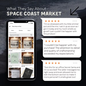 May include: Screenshot of an Etsy shop called Space Coast Market. The shop sells candles, with a variety of scents and designs. The screenshot shows customer reviews, with five-star ratings and positive comments about the products. The reviews highlight the quality of the products and the excellent customer service.