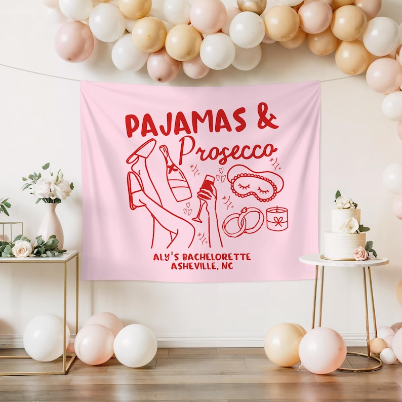 Pancarta de despedida de soltera con pijamas y prosecco, tapiz personalizado para fiesta de pijamas, decoraciones para despedida de soltera con temática "Getting Girls Gone Mild" imagen 2