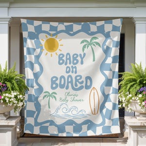 Baby on Board Surfing Baby Shower Welcome Sign Custom Retro Checkered Theme Baby Shower Banner Beach Surfboard Boy Decorations image 5