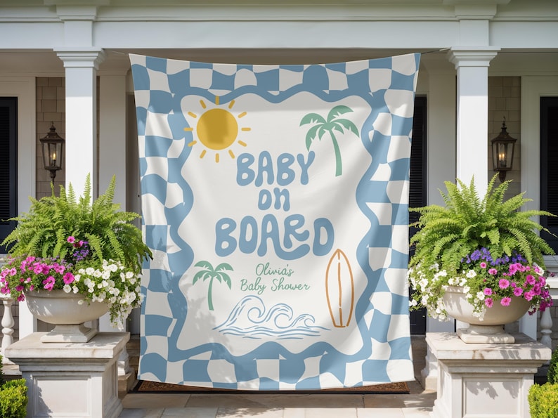Baby on Board Surfing Baby Shower Welcome Sign Custom Retro Checkered Theme Baby Shower Banner Beach Surfboard Boy Decorations image 5