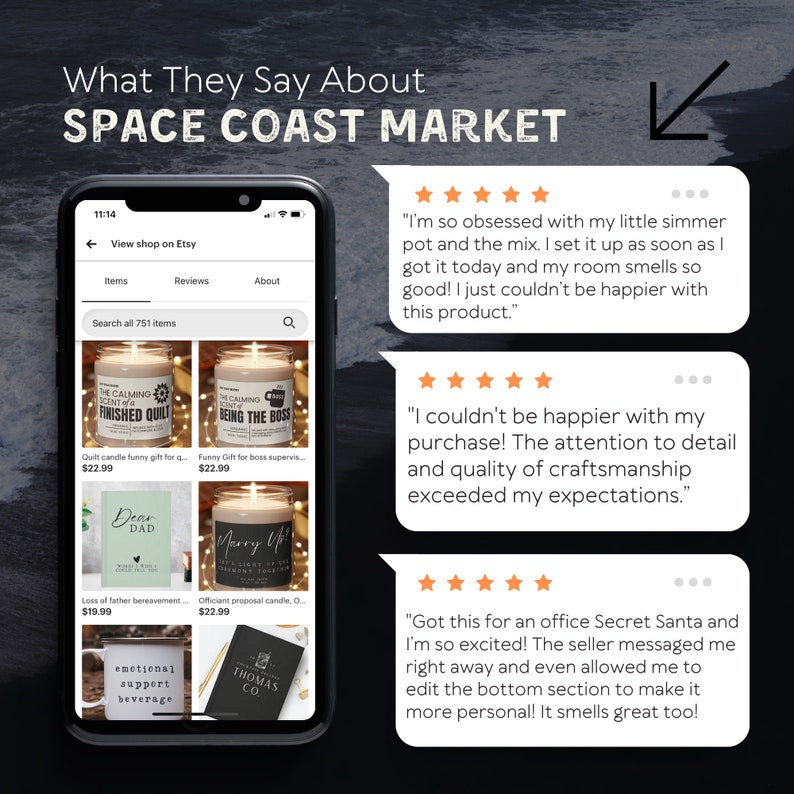 May include: Screenshot of an Etsy shop called Space Coast Market. The shop sells candles, with a variety of scents and designs. The screenshot shows customer reviews, with five-star ratings and positive comments about the products. The reviews highlight the quality of the products and the excellent customer service.