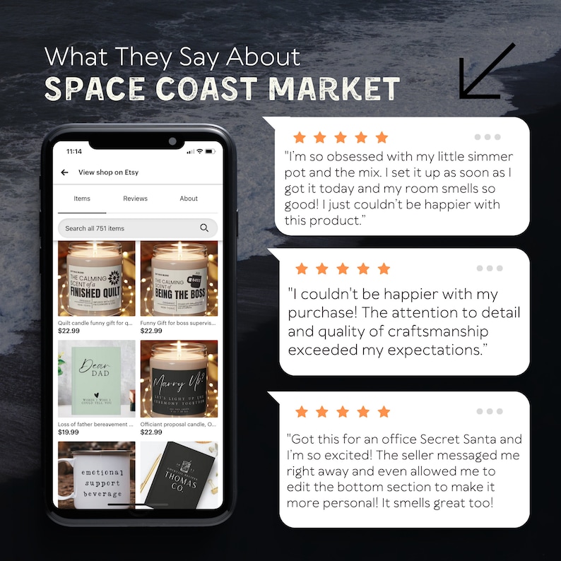 Pode incluir: Captura de ecr&atilde; de um telem&oacute;vel que mostra uma loja Etsy chamada Space Coast Market. A loja vende velas, com uma variedade de aromas e designs. A imagem tamb&eacute;m inclui avalia&ccedil;&otilde;es de clientes, com classifica&ccedil;&otilde;es de cinco estrelas e coment&aacute;rios positivos sobre os produtos.