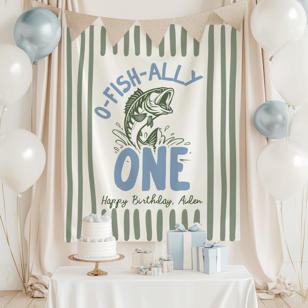 Pancarta de fiesta de primer cumpleaños de O-Fish-Ally One: Decoraciones para fiesta de primer cumpleaños con temática de pesca. Letrero de fiesta de pescador "Reel in the Fun".