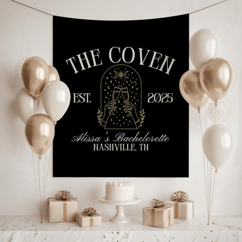 Custom Witchy Bachelorette Party Banner The Coven Bach Party Backdrop Gothic Wedding Photo Background Celestial Bachelorette Decor image 3