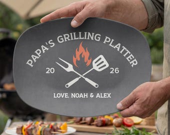 Custom Grandpa's Grilling Platter: Personalized Father's Day BBQ Plate Pregnancy Announcement for Papa Pops Grandfather Gift