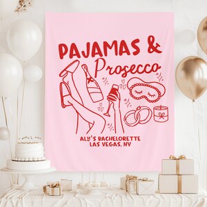 Pancarta de despedida de soltera con pijamas y prosecco, tapiz personalizado para fiesta de pijamas, decoraciones para despedida de soltera con temática "Getting Girls Gone Mild" imagen 6