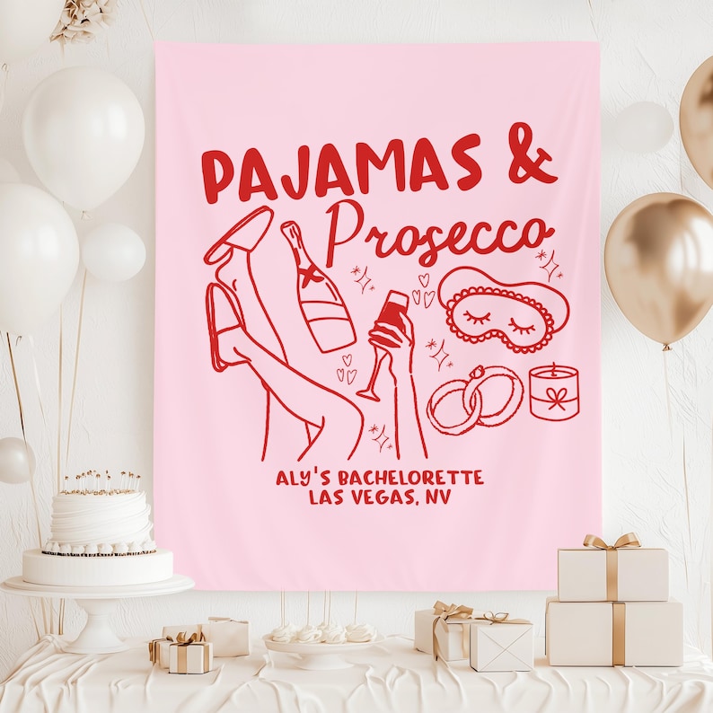 Pancarta de despedida de soltera con pijamas y prosecco, tapiz personalizado para fiesta de pijamas, decoraciones para despedida de soltera con temática "Getting Girls Gone Mild" imagen 6