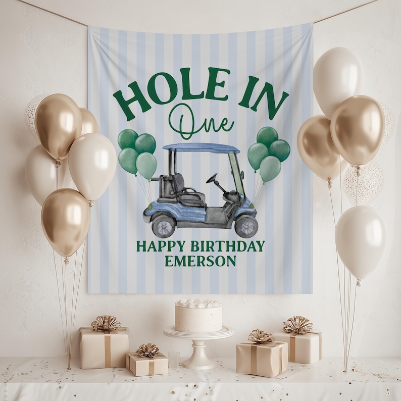 Hole in One First Birthday Party Banner Golf 1st Birthday Party Backdrop Gingham Boys Birthday Photo Background Golf Sports Birthday Theme image 3
