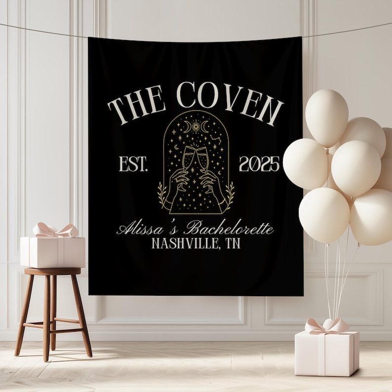 Custom Witchy Bachelorette Party Banner The Coven Bach Party Backdrop Gothic Wedding Photo Background Celestial Bachelorette Decor image 1