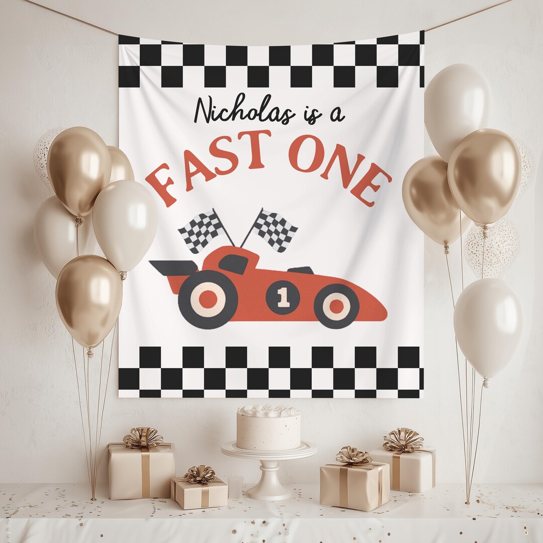 Race Car First Birthday Party Backdrop Fast One Car Themed First ...