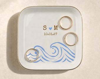 Bandeja personalizada para alianças de noivado com tema praiano: Porta-joias para chá de panela com tema costeiro, porta-alianças com iniciais da noiva, presente para despedida de solteira na praia
