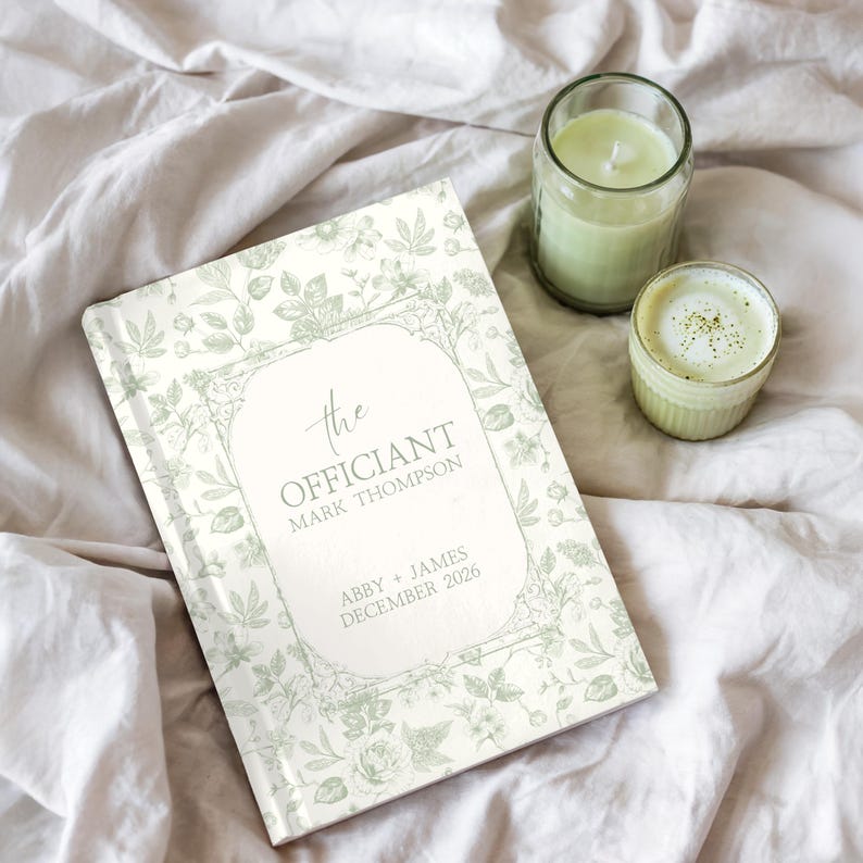 Libro personalizado de notas de ceremonia de Toile de Jouy francés para oficiantes, regalo de agradecimiento en azul polvoriento, caja de propuesta para oficiantes de bodas, diario para oficiantes, regalo. imagen 2