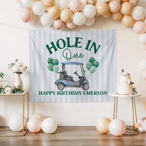 Hole in One First Birthday Party Banner Golf 1st Birthday Party Backdrop Gingham Boys Birthday Photo Background Golf Sports Birthday Theme image 2