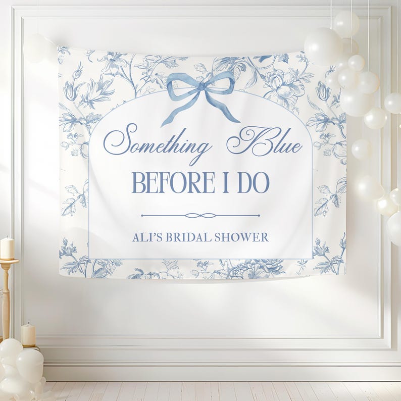 Banner de despedida de soltera "Algo azul antes de hacer" con fondo de fotos personalizado para despedida de soltera en azul polvoriento, letreros de toile azul para despedida de soltera. imagen 2