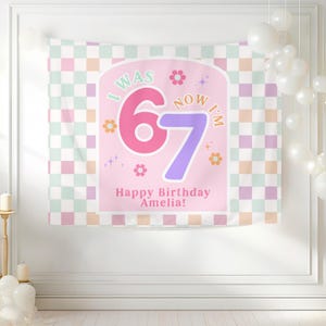 6-7 födelsedagsfestbanderoll Anpassade 7-årsdekorationer 6-7 födelsedagstemaskylt Idéer för sjunde födelsedagsfest bild 4