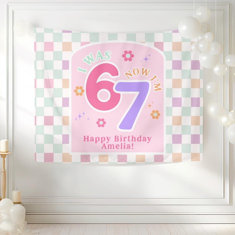 6-7 födelsedagsfestbanderoll Anpassade 7-årsdekorationer 6-7 födelsedagstemaskylt Idéer för sjunde födelsedagsfest bild 4