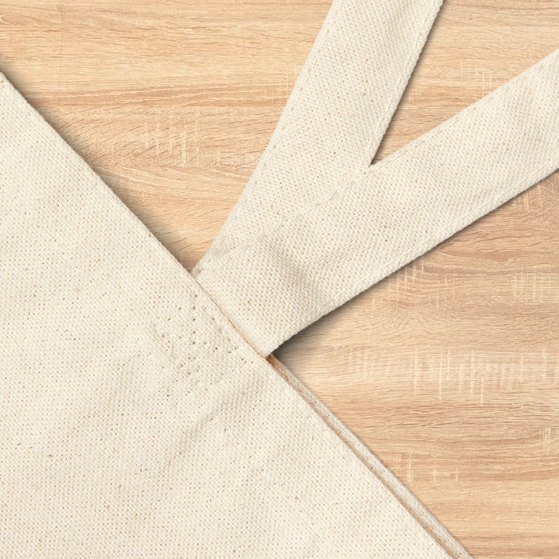 May include: Close-up of a white canvas tote bag with two straps. The straps are folded over and stitched together at the top of the bag. The bag is lying flat on a light brown wooden surface.