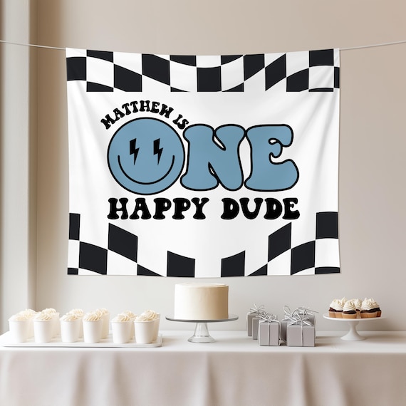 One Happy Dude Birthday Party Banner First Birthday Welcome Sign Custom Retro Checkered Theme 1st Birthday Banner Skateboard Boy Decorations