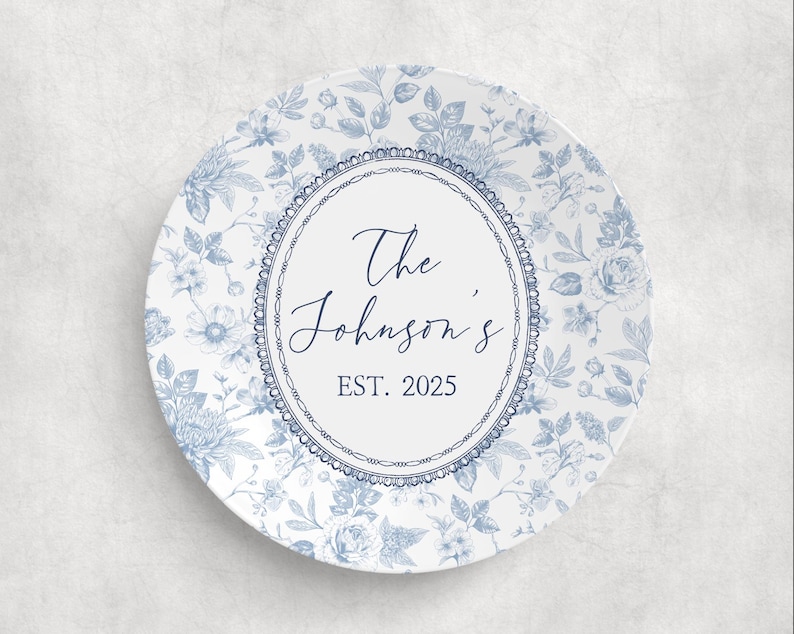 Custom Blue Toile de Jouy Platter Personalized Mr. and Mrs. Wedding Gift Rustic Family Name Plate Unique Gift Bride and Groom Bridal Shower