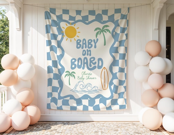 Baby on Board Surfing Baby Shower Welcome Sign Custom Retro Checkered Theme Baby Shower Banner Beach Surfboard Boy Decorations