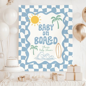 Baby on Board Surfing Baby Shower Welcome Sign Custom Retro Checkered Theme Baby Shower Banner Beach Surfboard Boy Decorations image 4