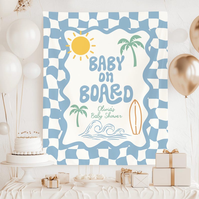 Baby on Board Surfing Baby Shower Welcome Sign Custom Retro Checkered Theme Baby Shower Banner Beach Surfboard Boy Decorations image 4