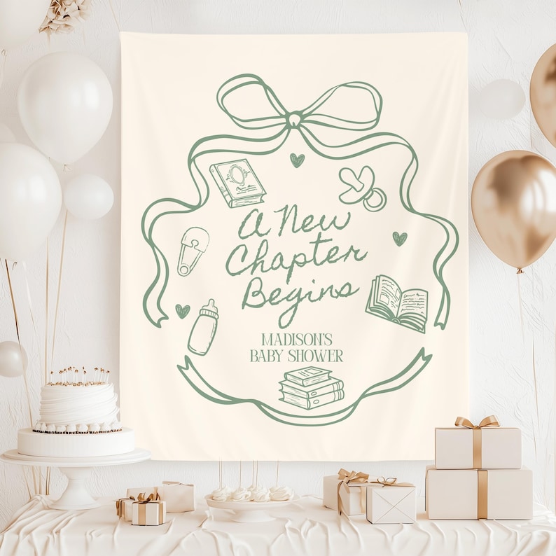 Custom A New Chapter Begins Book Baby Shower Photo Backdrop Personalized Book Shower Tapestry Baby Shower Party Banner Book Club image 3