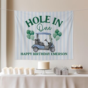 Hole in One First Birthday Party Banner Golf 1st Birthday Party Backdrop Gingham Boys Birthday Photo Background Golf Sports Birthday Theme image 4