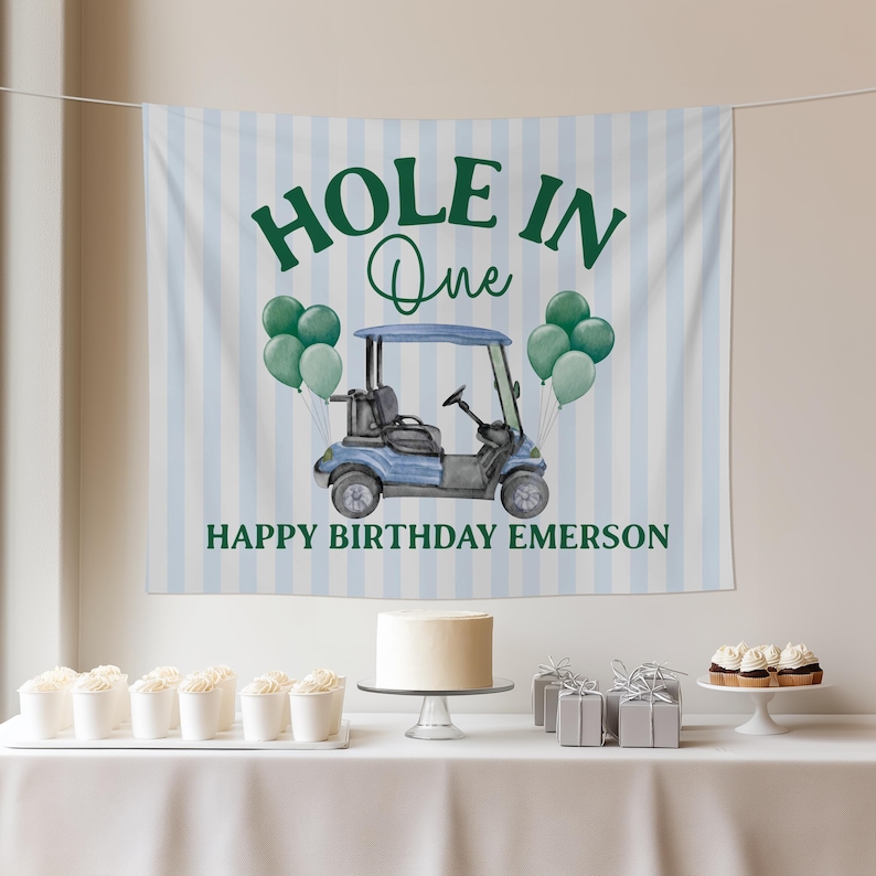 Hole in One First Birthday Party Banner Golf 1st Birthday Party Backdrop Gingham Boys Birthday Photo Background Golf Sports Birthday Theme image 4