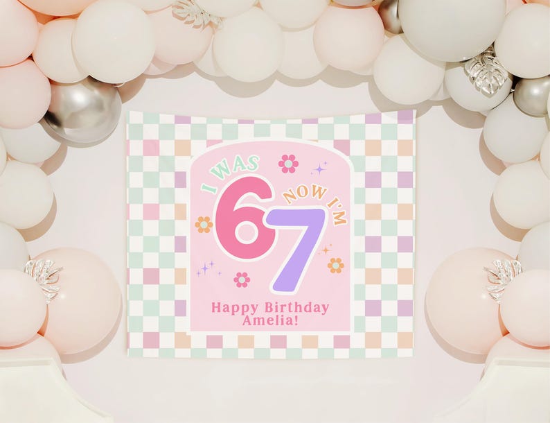 6-7 födelsedagsfestbanderoll Anpassade 7-årsdekorationer 6-7 födelsedagstemaskylt Idéer för sjunde födelsedagsfest bild 2