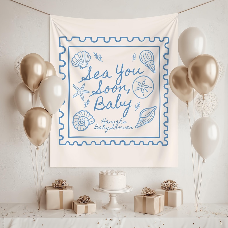 Sea You Soon Baby Shower Welcome Sign Custom Ocean Theme Baby Shower Banner Sea Shells Baby Sprinkle Decorations Gender Neutral Baby Shower image 2