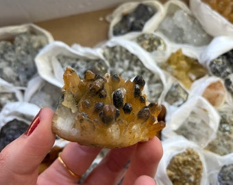 May include: A large, yellow, crystal cluster with black inclusions. The cluster is being held in a hand. The word "LARGE" is written on a white box in the background.