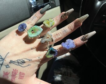 Natural Raw Geode Agate Druzy Crystal Rings