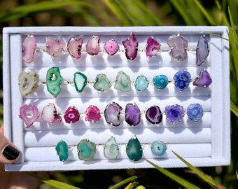 Natural Raw Geode Agate Druzy Crystal Rings