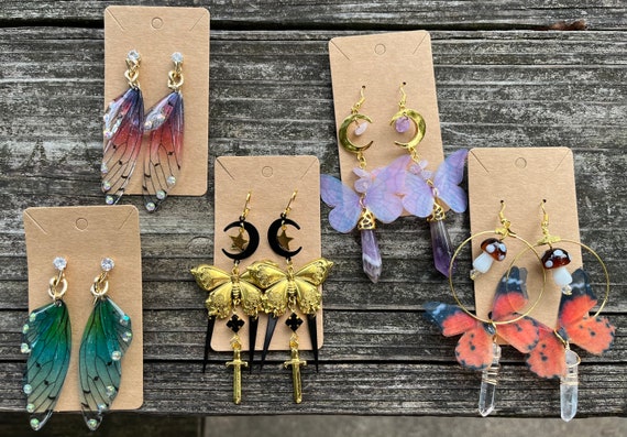 Spiritual Butterfly, Mushroom, Moon, Crystal Earrings