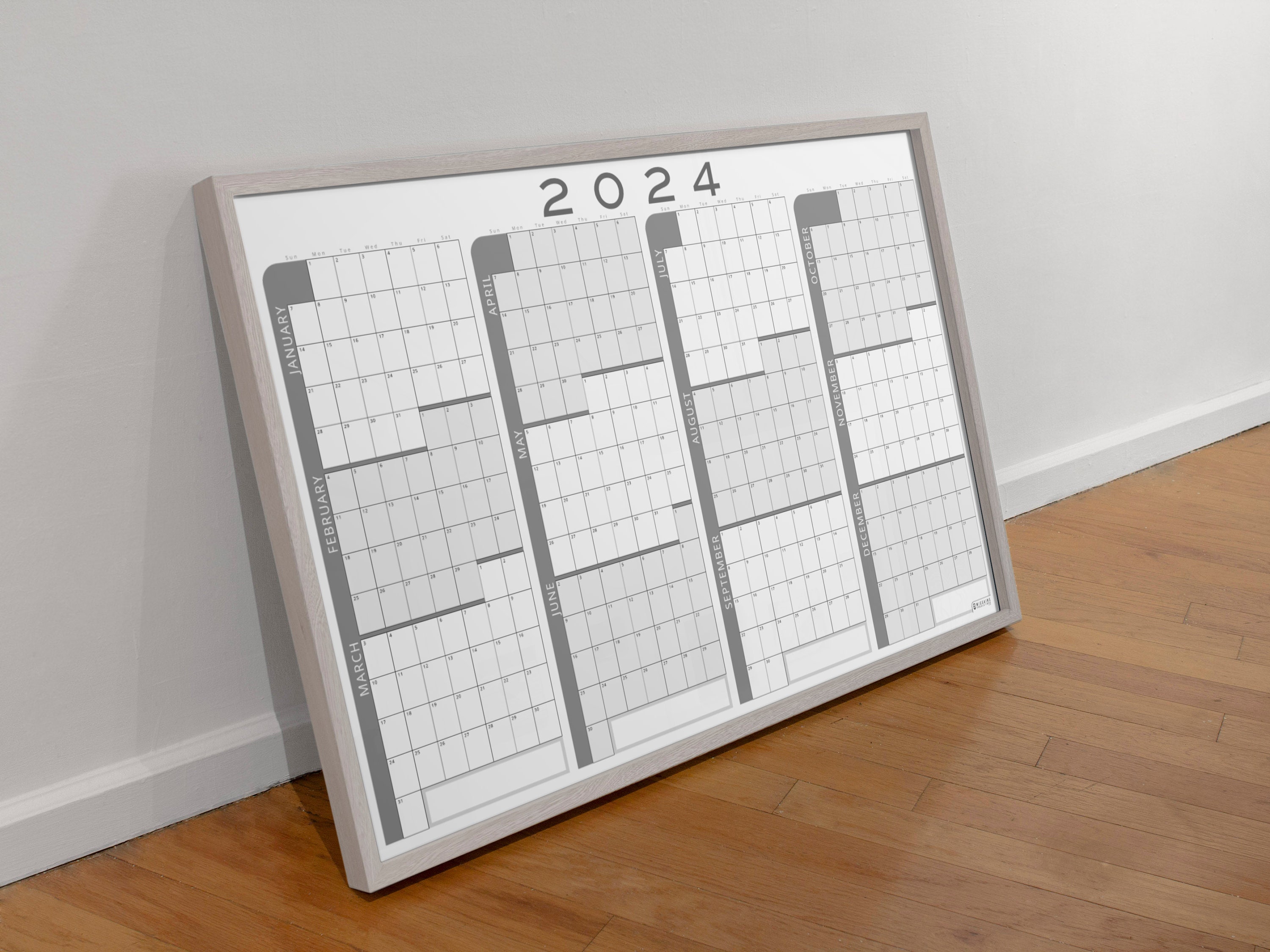 2024 Full Year Calendar Landscape Yearly Quarters Grey DIGITAL DOWNLOAD