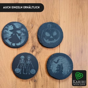 Halloween Schieferuntersetzer Kürbis Skelette Hexe Geisterhaus, Tischdekoration aus Schiefer