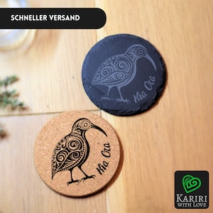 Coasters made of slate or cork with New Zealand Kiwi Bird motif