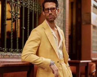 Men&#39;s Yellow Linen Suit: Bespoke Wedding Groom Suit