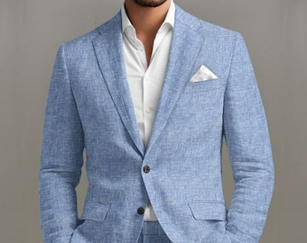 Men Linen Suits, Sky blue Suits, Wedding Suits, Grooms Wear Suit, 2 Piece Suit, One Button Beach Party Wear Suit, Bespoke dress.