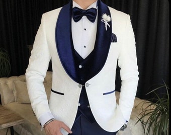 White Jacquard Wedding Suit: Men&#39;s Velvet Trim 3-Piece Dinner Suit