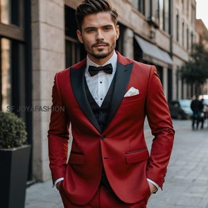 Men Suits,  Wedding Suits, Red Tuxedo 3 Piece, Black Lapel Design, Men business suits New Casual Red 3 piece.