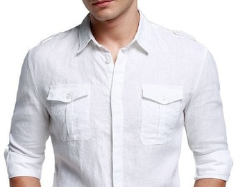 Men's White Linen Shirt: Slim Fit Casual Design