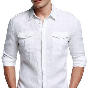 Men&#39;s White Linen Shirt: Slim Fit Casual Design