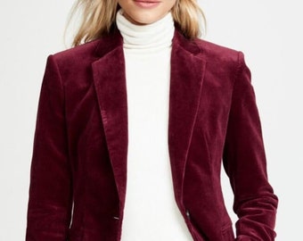 Women Jacket, Burgundy tuxedo Jacket, English Wear silk Jackets, Notch Lapel jacket, Gift for Him, 2 Button velvet design .